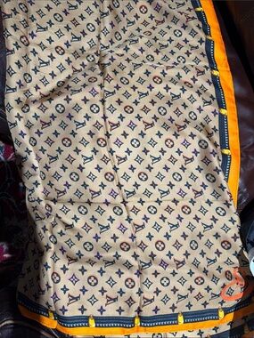 Designer-Inspired Brown & Orange Logo Print Silk Scarf